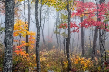Naklejka premium Foggy fall forest with mist weaving through the trees and leaves in vibrant autumn colors