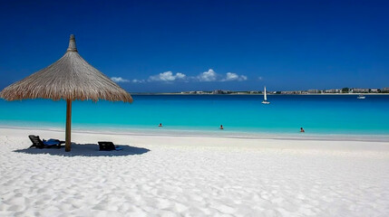 Colorful straw beach umbrella providing sun protection, set against a sunny beach backdrop with clear blue skies