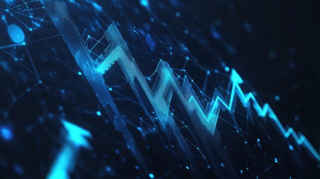 Abstract digital growing arrows up graph chart on technological blue low poly wireframe background. Boosting of business result concept. Polygonal finance glowing illustration. Success and Investment.