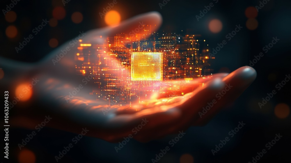 Poster abstract digital semiconductor hologram in technology hand. humanoid hand holding computer chip. ai 