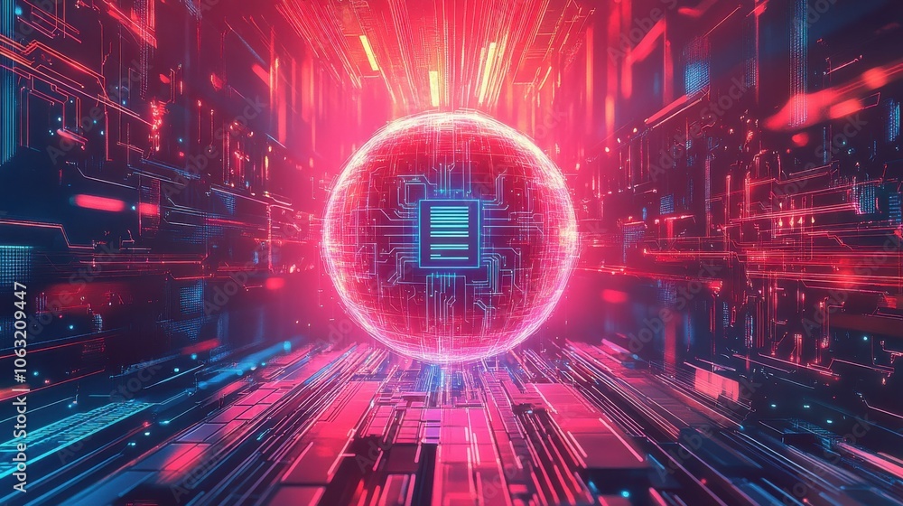 Aufkleber abstract digital red globe and ai chip in the center. technology innovation background. ai processor
