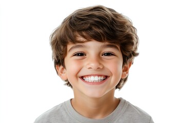 Cheerful boy smiling wide showing healthy white teeth while making direct eye contact with the camera Isolated on white background