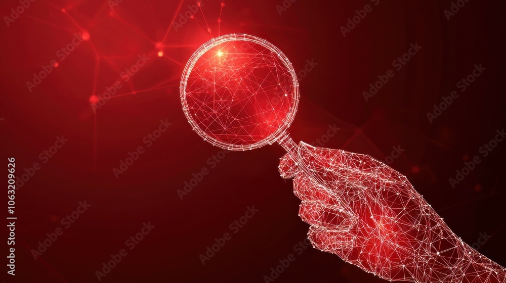 Poster abstract human hand with magnifying study blockchain icon. research and analysis of blockchain techn