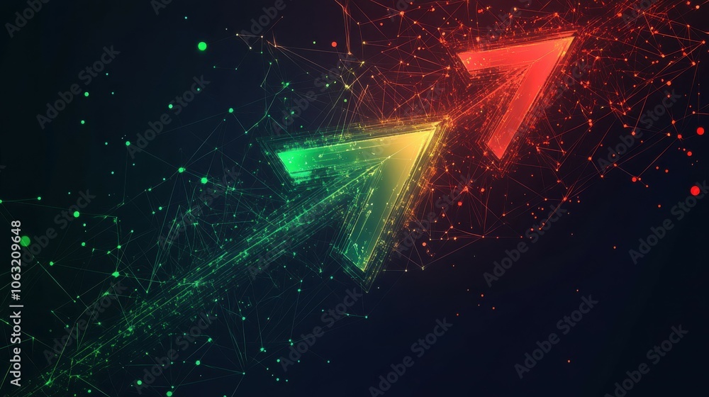 Poster abstract digital two left-right arrows with green and red color shapes in futuristic low poly style 