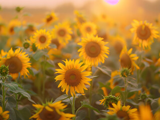 Obraz premium Lush sunflower field with petals glowing under the sun, gently swaying in the wind.