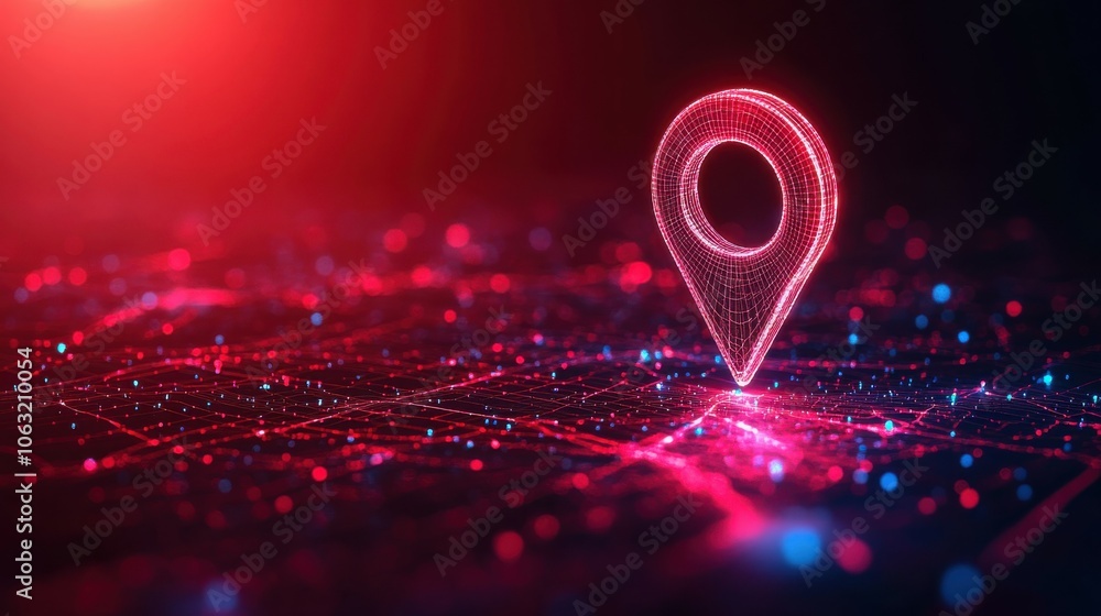 Poster abstract location pin. digital gps light icon. low poly wireframe vector illustration in futuristic 