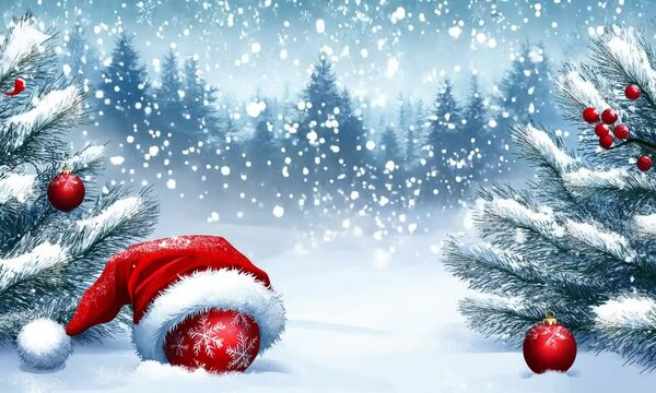 christmas ball with santa hat on snowy winter day
