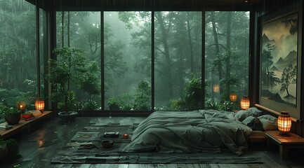 A cozy bedroom with a view of a lush rainforest, complete with a large window and a comfortable bed.