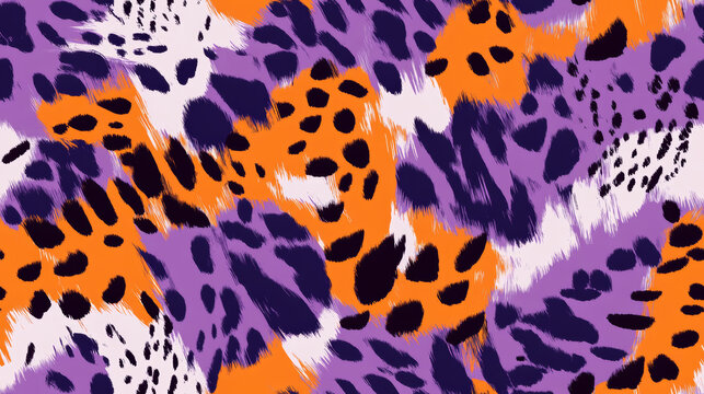 leopard tiger animal print in orange purple black white spring vibrant colored spot stripe seamless patchwork pattern. fashion trendy graffiti background for fabric design wallpaper	