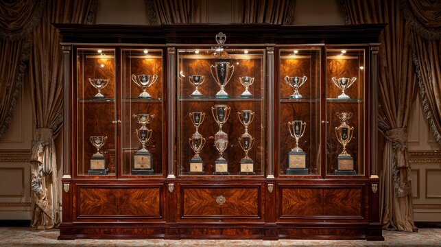 luxurious trophy cabinet displayed in an opulent room. The cabinet is made from polished mahogany, with glass doors that reveal a stunning array of trophies and awards