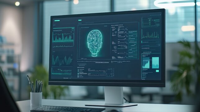 Health AI software visual with a computer screen displaying an interface for analyzing health records and patient histories