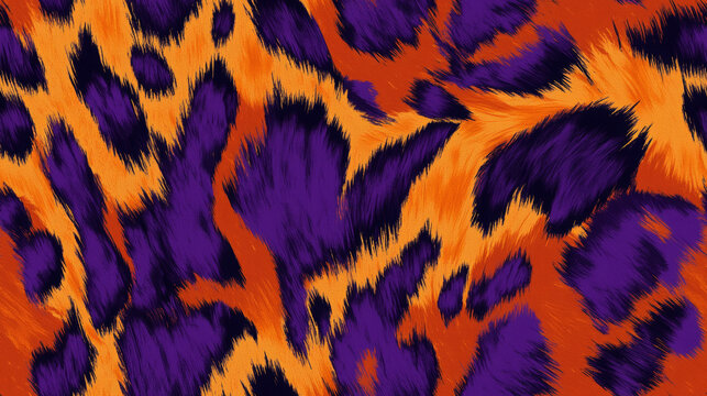 Furry leopard tiger animal print fur in orange purple black white spring vibrant colored spot stripe seamless patchwork pattern. fashion trendy graffiti background for fabric design wallpaper	
