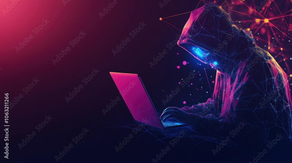 Poster abstract polygonal hacker with laptop on technology dark background. cyber attack and cyber security