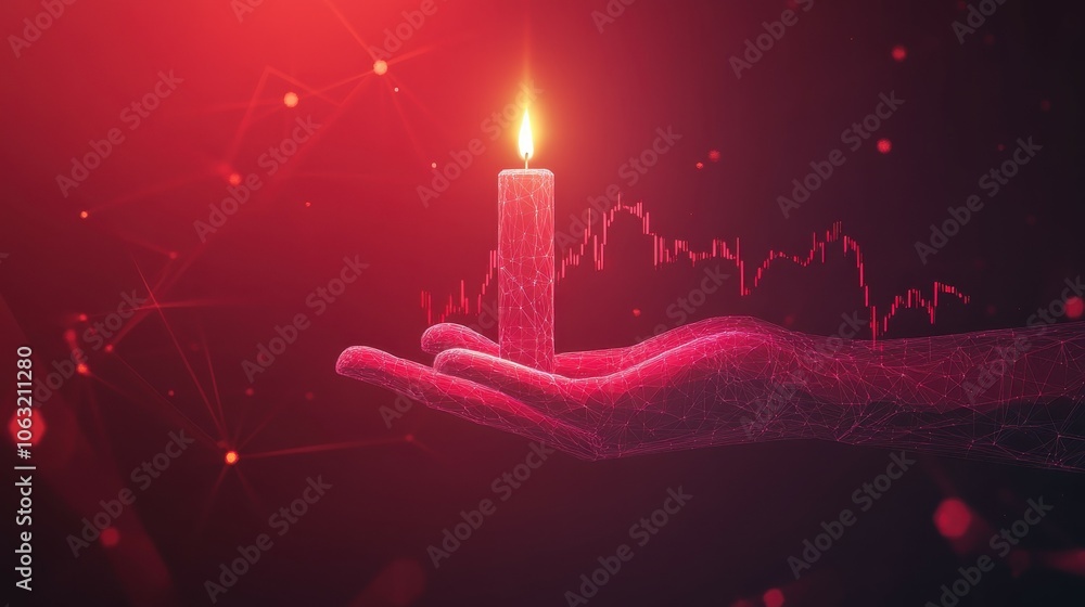 Poster abstract human hand holding candlestick. stock market and investment concept. protection of graph ch