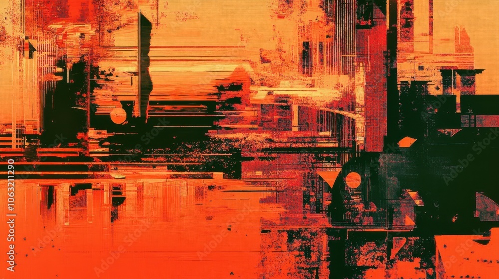 Poster abstract orange red textured digital glitch art pattern with layered geometric shapes.