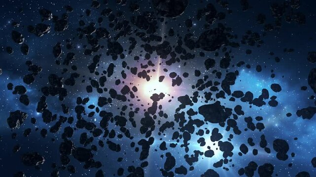 Beautiful flying through the asteroid belt in outer space.