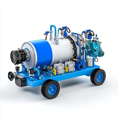 Industrial mobile unit with a large cylindrical tank, wheels, and various pipes and valves.