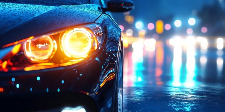 A sleek car glistens in the night rain. The vivid headlights illuminate the wet street. This image captures urban vibes and modern style. Perfect for car enthusiasts and city lovers. AI