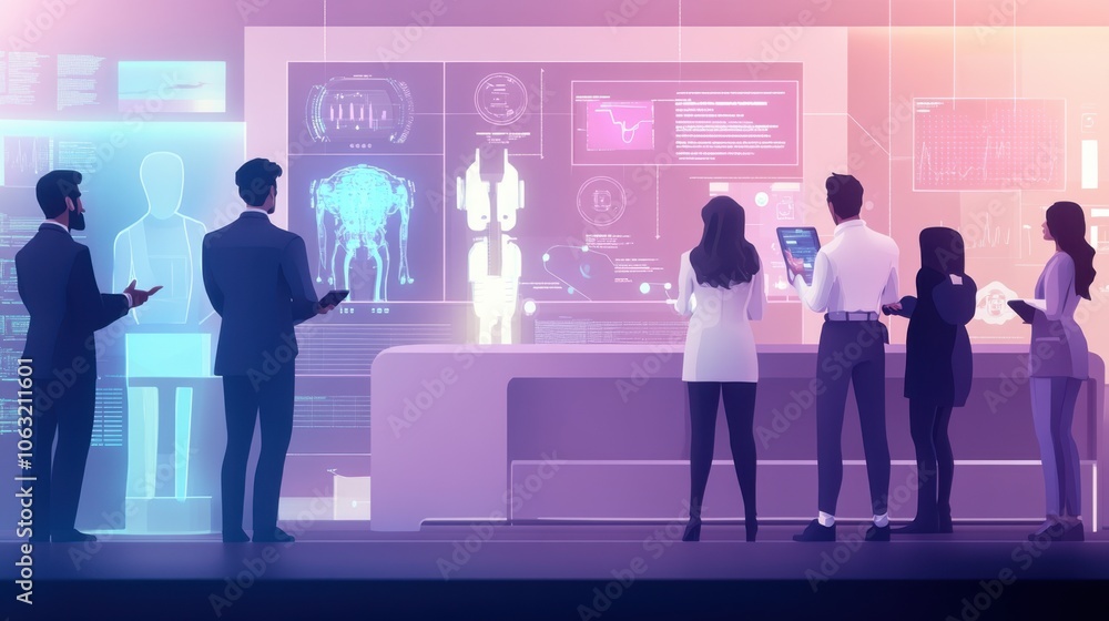 Poster a diverse team of ai enthusiasts discussing the future of ai technologies,