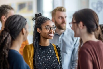 Obraz premium Inclusive work environment showcasing people of different ages, genders, and backgrounds engaged in conversation