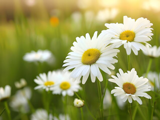 Fototapeta premium Vibrant wild daisies bloom in a sunlit field, their petals dancing in the breeze.