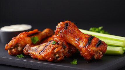 A plate of chicken wings with a side of celery