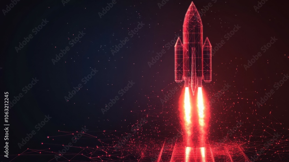 Poster abstract space shuttle and arrows up. digital rocket launches. start-up and success business start c