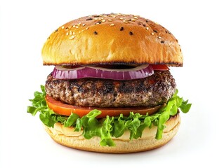 Juicy hamburger with a grilled beef patty, fresh lettuce, tomato, and onion between a toasted bun Isolated on white background