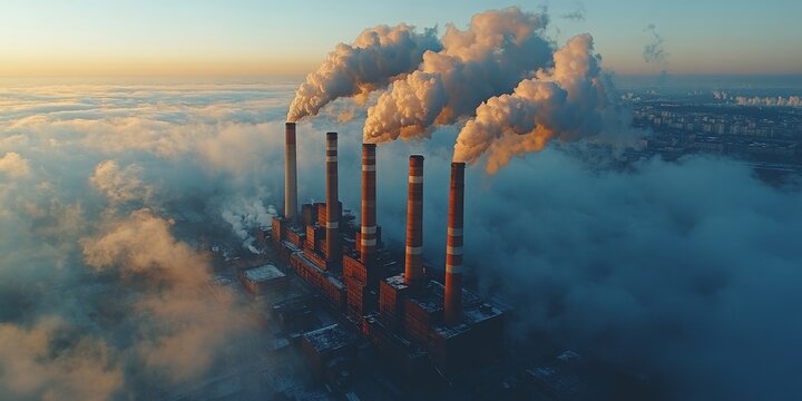 Smoking chimneys of the plant against the background of the city. Pollution, exhaust gases, industry. Nature, ecology, environmental protection