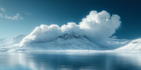 Winter landscape with snow-capped mountains and clouds. North, frost. Nature, ecology, environmental protection