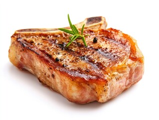 Perfectly cooked pork chop steak with a lightly charred surface and a succulent, moist center Isolated on white background