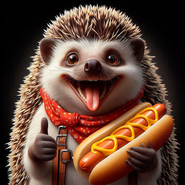 Hedgehog with a delicious hot dog on a black background.