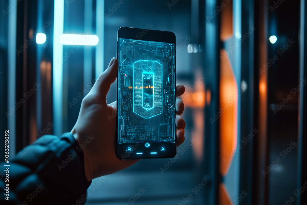 Poster a person holding their smartphone up to an iris scanner at a high-tech security gate, the display gl