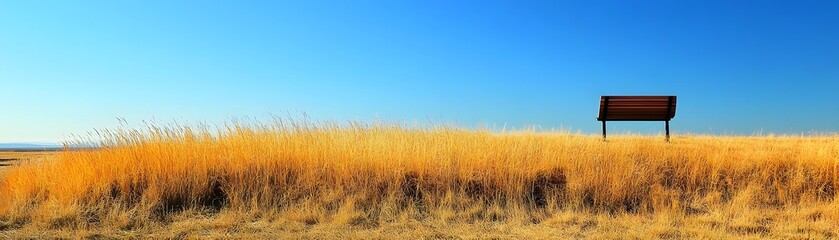 Obraz premium A Wooden Bench Overlooking Golden Grass and a Blue Sky