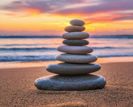 stack of stones on sumset beach