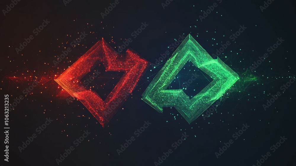 Poster abstract two arrows go round green and red in low poly technology style on a dark background. curren