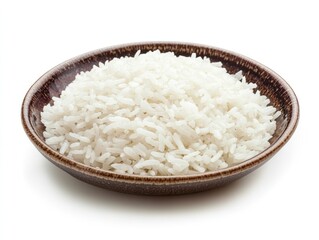 Plate of plain jasmine rice served hot and ready to accompany a meal Isolated on white background