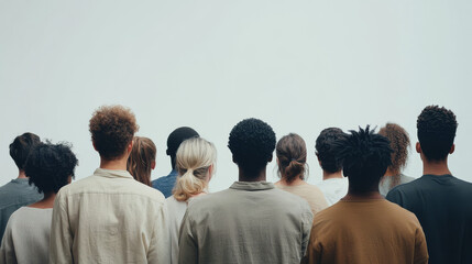 Obraz premium A diverse group of individuals seen from behind, standing side by side against a plain background, symbolizing unity and community. 