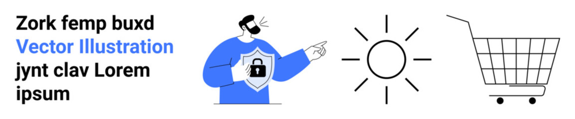 Man in blue with shield and lock symbol, pointing at the sun, next to a shopping cart. Ideal for security services, e-commerce, customer service, online shopping, transparency, weather apps, digital