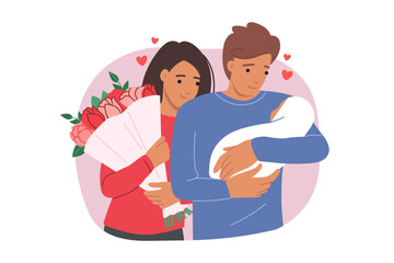 Parents of newborn hold baby and bouquet of flowers given to mother on day of discharge from hospital. Man and woman enjoy first days of son birth, rejoicing in expansion of family.