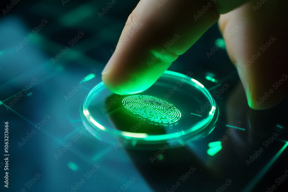 Poster close-up of a hand placing fingers on a transparent fingerprint scanner, with green scanning light a