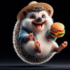 Funny hedgehog with a burger in his paw on a black background