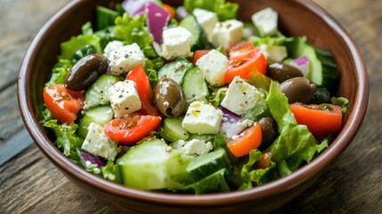 A fresh Greek salad with crisp veggies, feta cheese, and olives,