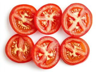 Sliced tomato showing the juicy flesh and seed pockets, arranged neatly on a surface Isolated on white background