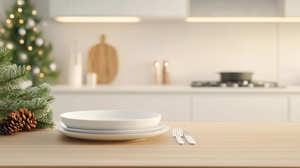 Fototapeta premium A plate with a fork and knife on a wooden table in front of a Christmas tree