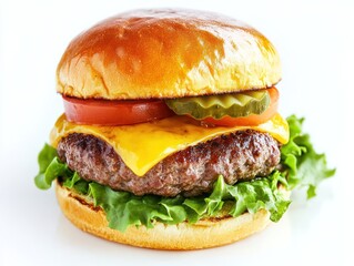 Thick beef patty hamburger topped with cheddar cheese, lettuce, tomato, and pickles on a soft brioche bun Isolated on white background