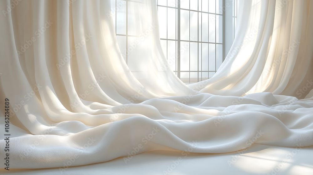 Poster soft, flowing silk fabrics drape elegantly against bright window, creating serene and tranquil atmos