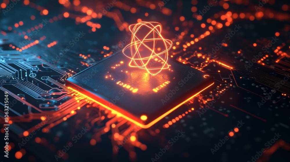 Aufkleber ai chip and abstract digital atom icon on technology background. science tech bg. circuit light line