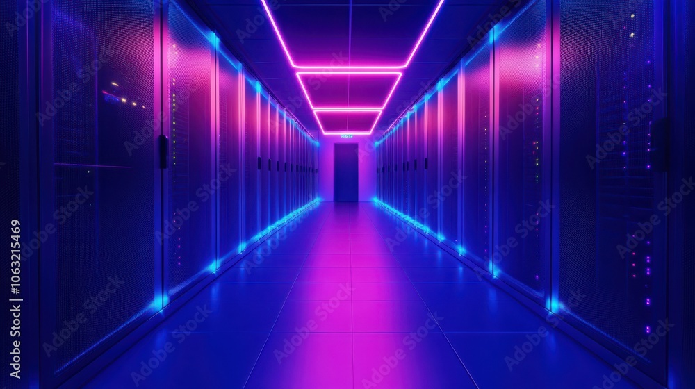 Poster futuristic data center corridor with blue and purple led lights reflecting on high-speed computing s