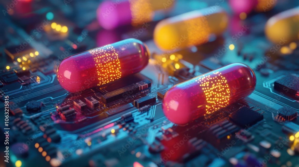 Poster digital visualization of capsules on a circuit board, symbolizing computational drug discovery.